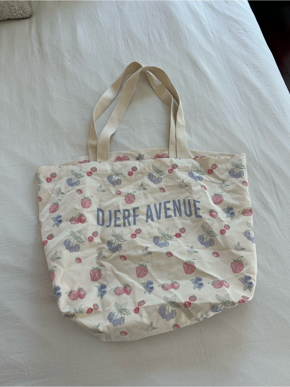 Djerf Avenue Cream Canvas Tote with Pink & Blue Berry Print